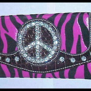 Unused Hot Pink Fushia Black Zebra Rhinestone Peace Sign Wallet